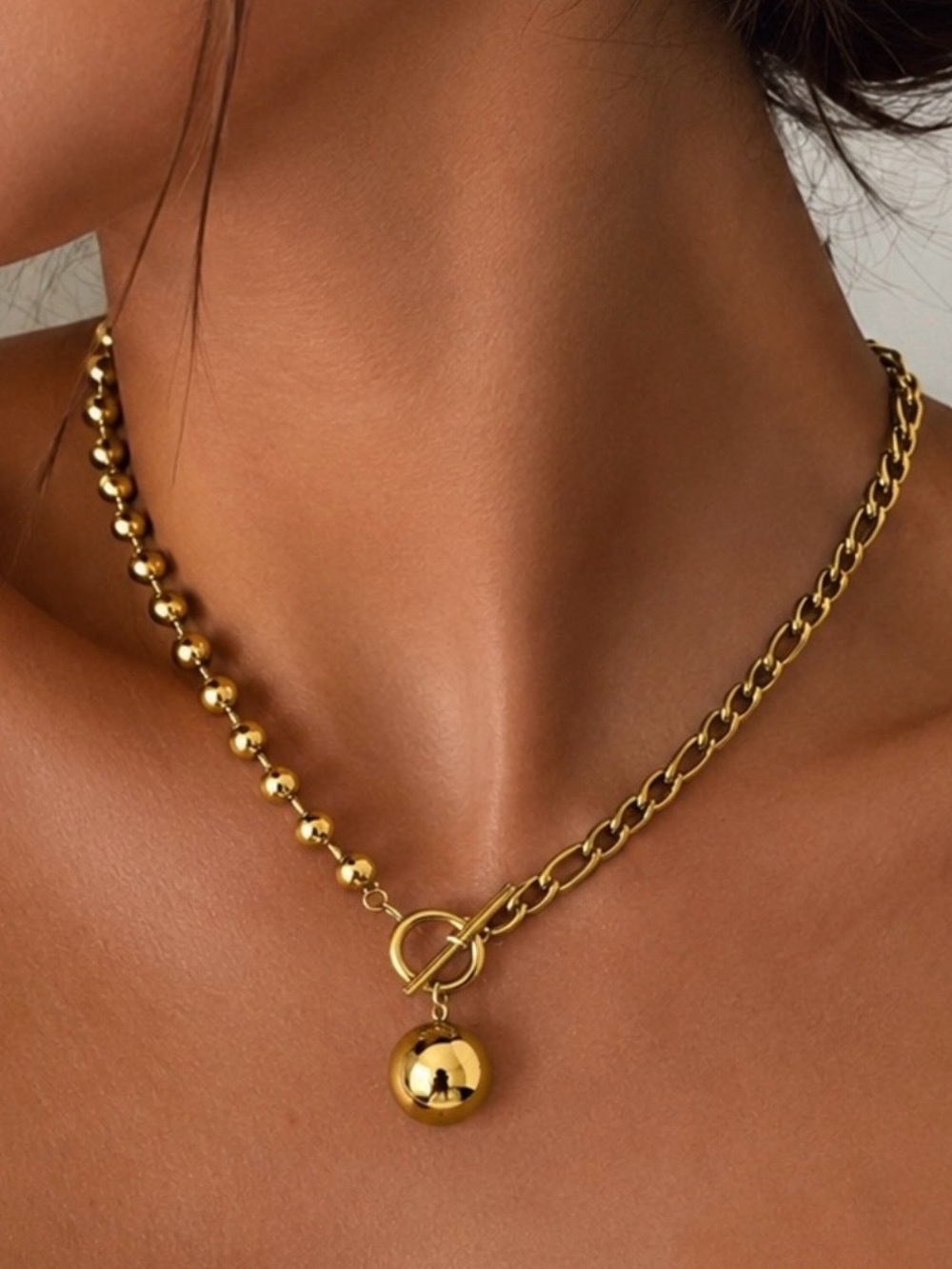 Gold Toggle Bead & Link Necklace with Ball Pendant